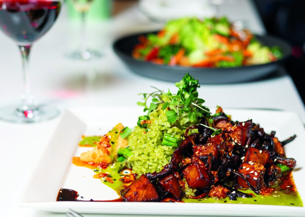 Fried rice with shiitake mushrooms, sweet potatoes, broccoli and celery root puree.