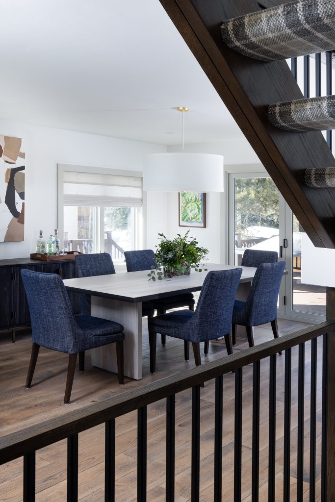 The update dining room has a blue palette.